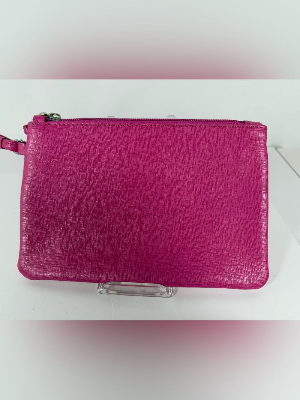 7085: NWOT Coccinelle Pink Saffiano Leather Wristlet Clutch